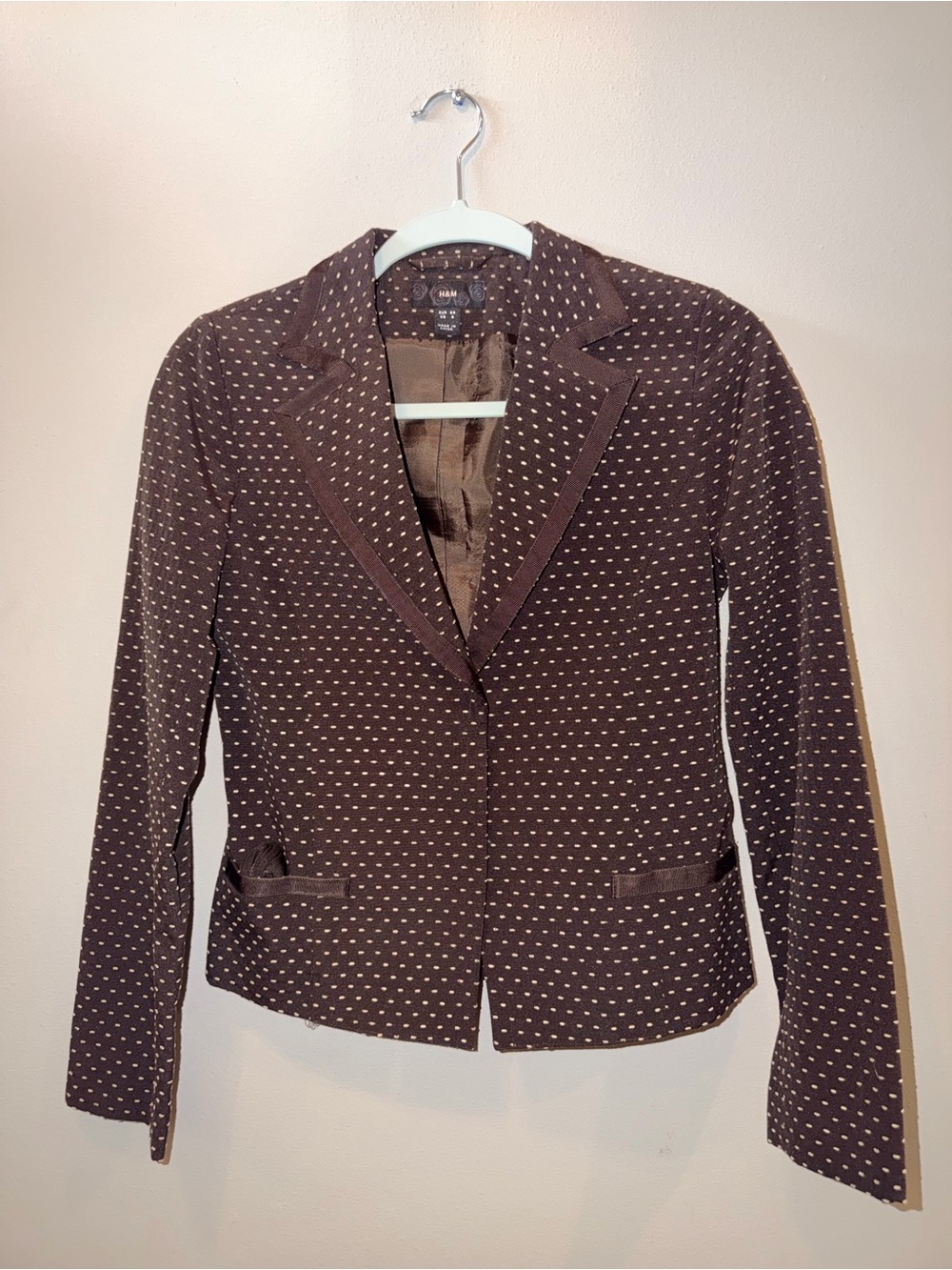 Y2K H&M Brown Polka Dot Micro Print Fitted Blazer Jacket Size 4
